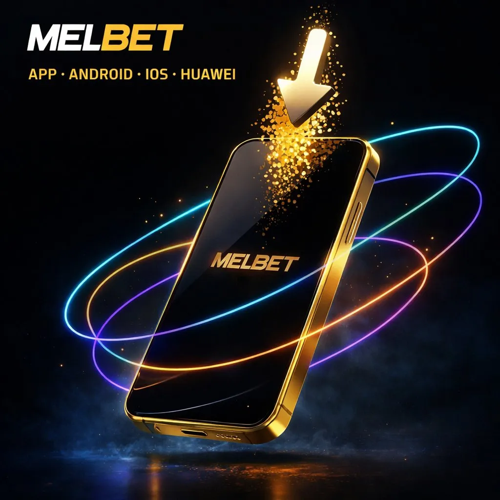 Melbet app movil smartphone dorado descarga fondo oscuro neon azul