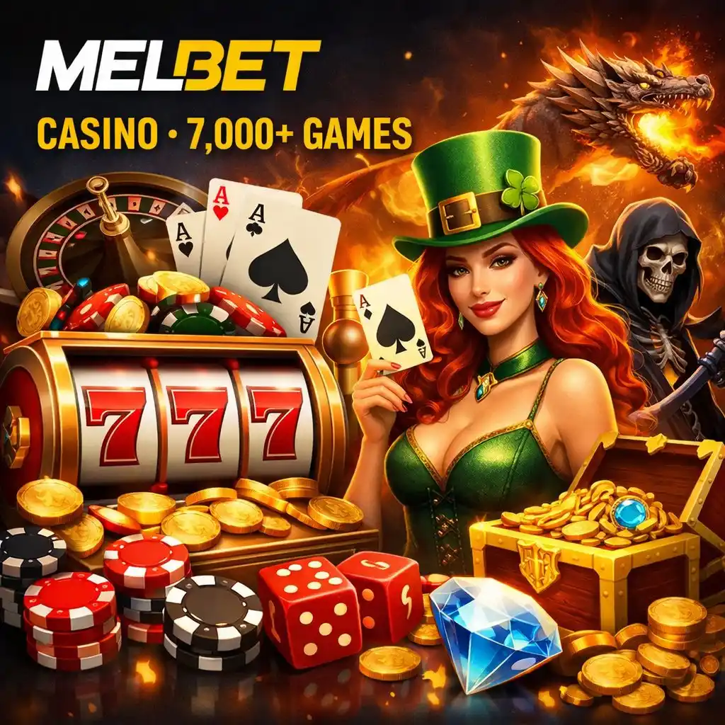 Melbet casino dice playing cards slot reel dark background