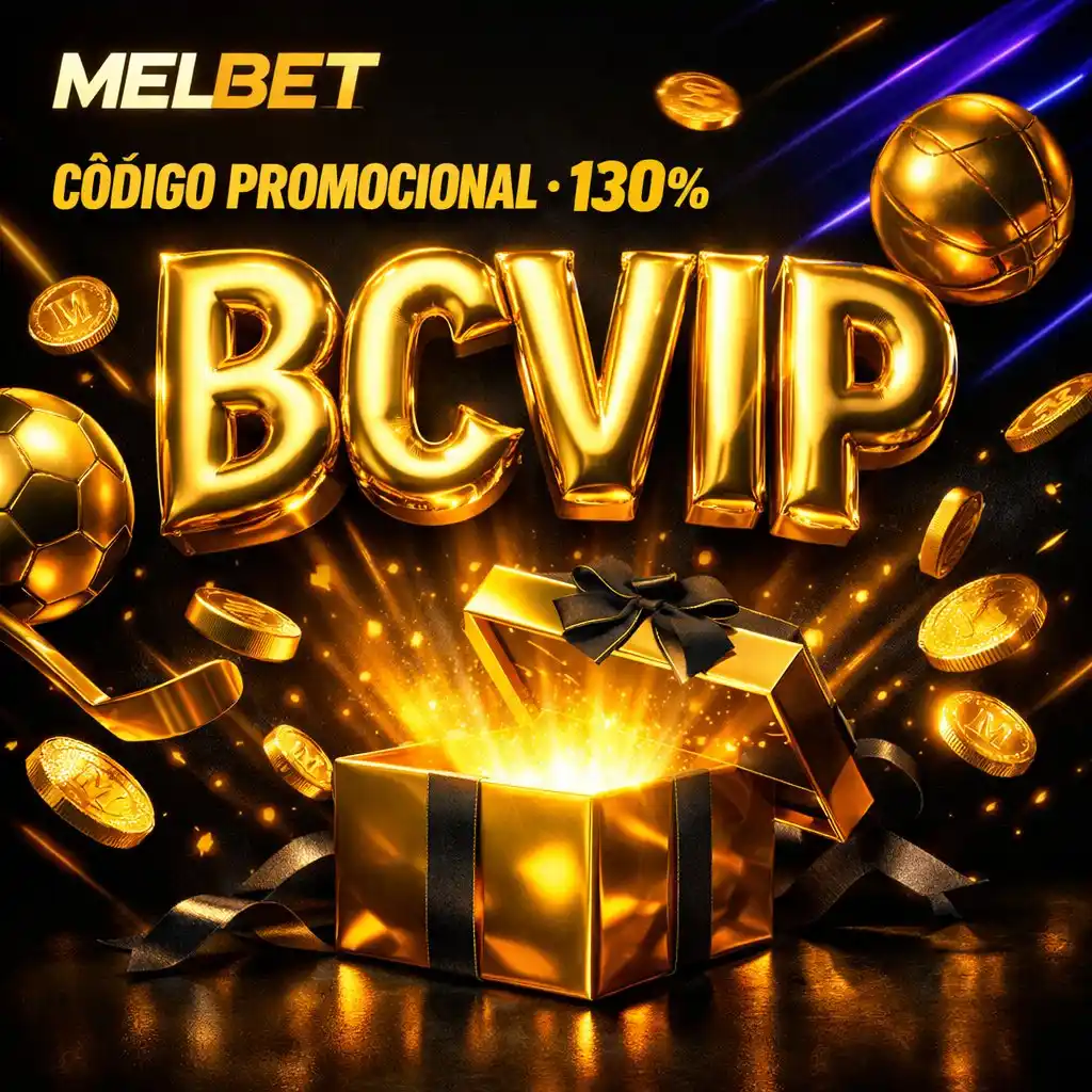 Melbet codigo promocional BCVIP texto dorado regalo caja negra neon