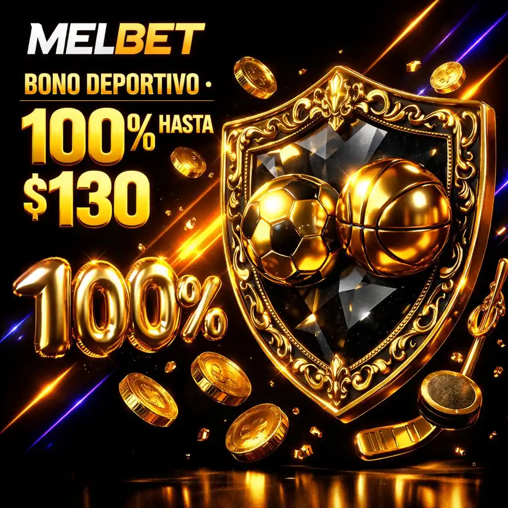 Melbet bono deportivo escudo dorado balon porcentaje fondo negro