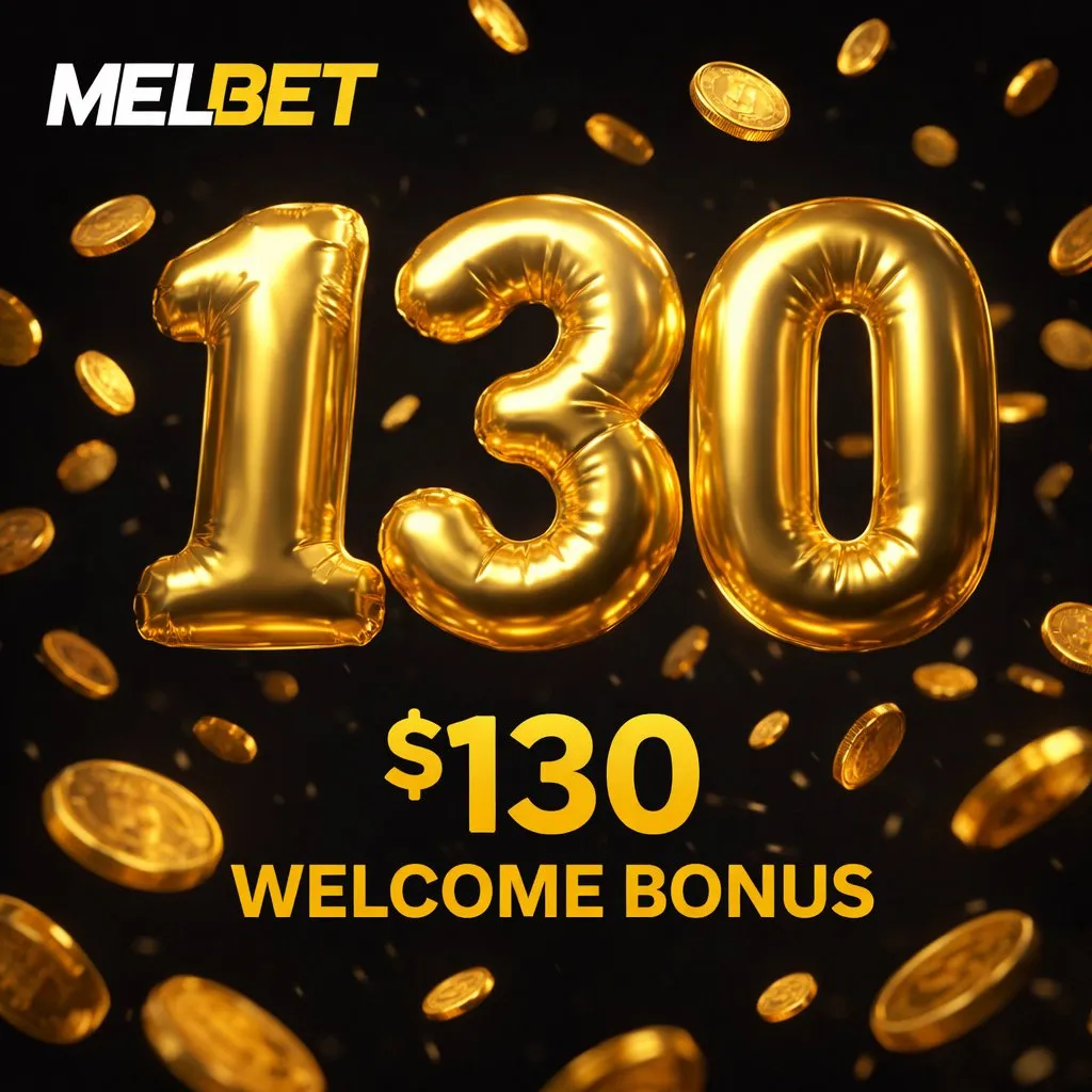Melbet welcome bonus golden 130 numbers dark background