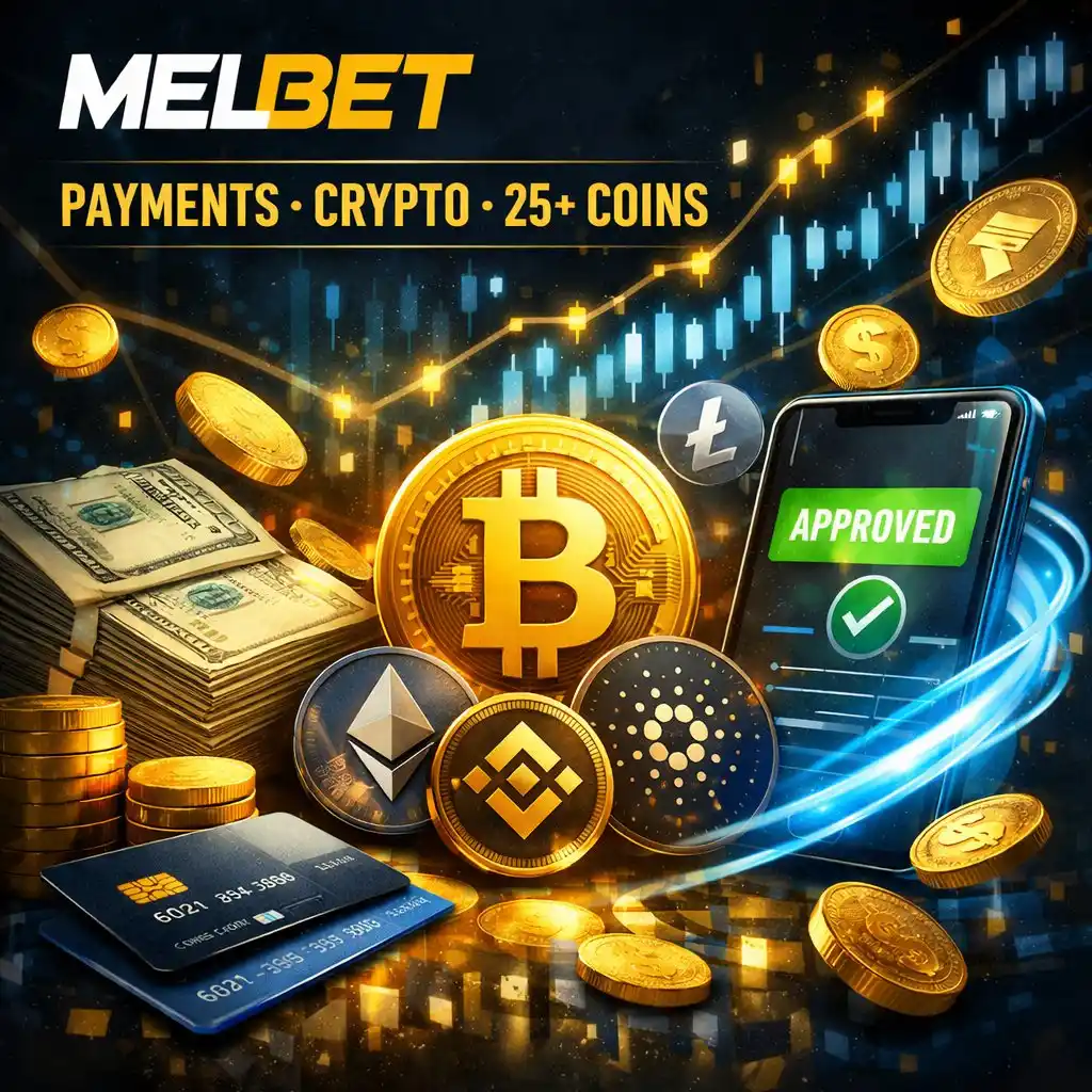 Melbet payments Bitcoin USDT Visa card dark background